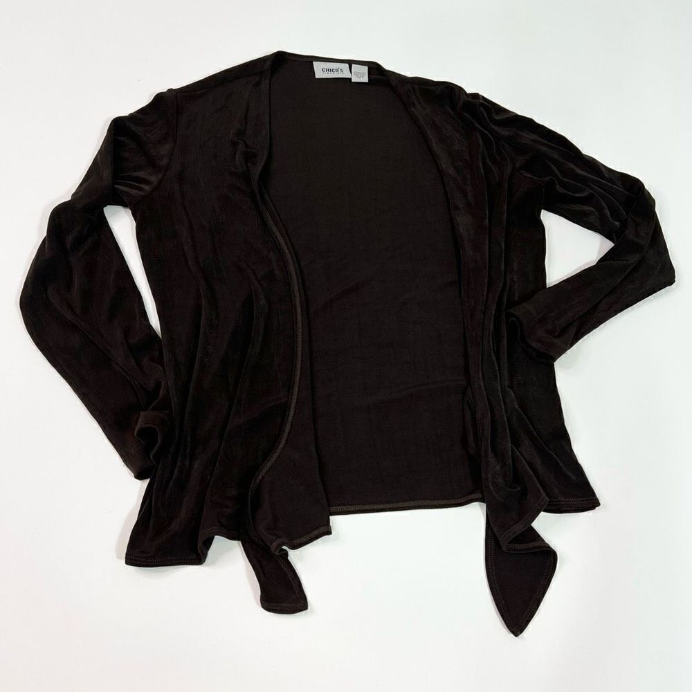 Chicos Travelers Cardigan Women's 1 Medium Brown Open Front Classic Long Sleeve